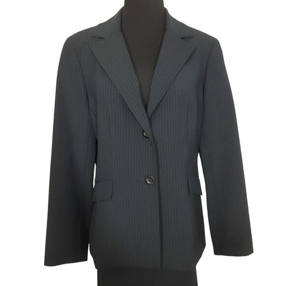 DonCaster Virgin Wool Suit Set Blue Pinstripe Blazer Straight Skirt Womens 12 - Picture 3 of 14